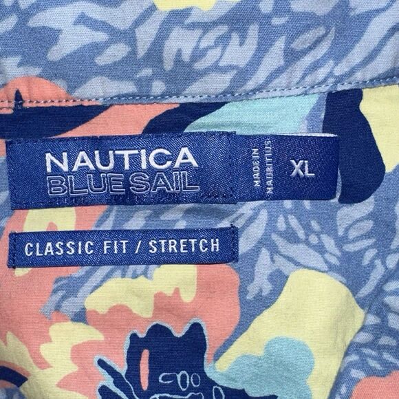 Nautica Blue Sail Men's Classic Fit Stretch Neon & Blue Hawaiian Shirt XL 0595 - Picture 3 of 6